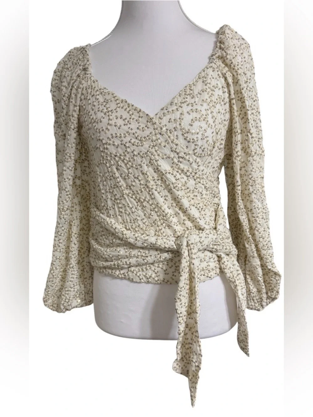 ANTHROPOLOGIE XS IVORY FLORAL EMBROIDERED WRAP BLOUSE TIE FRONT LONG SLEEVE BOHO